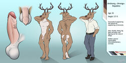 absurd_res amazinky anthony_hopskins anthro antlers bottomwear brown_body brown_fur cervid cervine clothed clothing description english_text erection flaccid fur genitals hi_res horn male mammal model_sheet nude pants penis solo tan_body tan_fur text