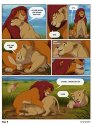 2021 balls becoming_erect blue_eyes closed_eyes cloud comic detailed_background dialogue disney duo english_text erection face_mounting felid female feral feral_on_feral genitals grass hi_res licking lion male male/female mammal mane nala oral outside pantherine paws penile penile_spines penis penis_lick plant profanity pussy reallynxgirl red_eyes sex simba sky speech_bubble text the_lion_king tongue tongue_out tree whiskers