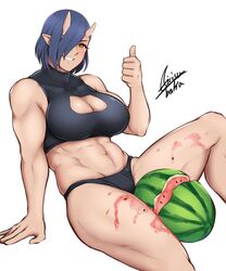 1girls airisubaka big_breasts black_hair blue_hair breaking_watermelon_with_thighs breasts cleavage_cutout clothing_cutout curvy earrings elf-san_wa_yaserarenai female food fruit grin hair_over_one_eye highres horns huge_breasts humanoid jewelry large_breasts mature melon meme muscular muscular_female oga oni oni_horns pale-skinned_female pale_skin pointy_ears short_hair signature simple_background smile solo thick_thighs thumbs_up voluptuous watermelon watermelon_crushing white_background wide_hips yellow_eyes