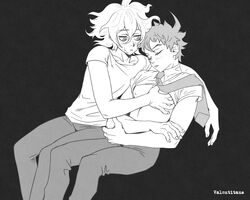 2boys artist_name blush clothed clothing danganronpa danganronpa_2:_goodbye_despair gay greyscale hinata_hajime male male/male male_only monochrome nagito_komaeda nervous ren_valentine shirt_lift shirt_up sleeping somnophilia straight_hair yaoi