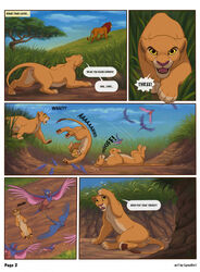 2021 anus avian bird border comic crouching dialogue disney english_text feathers felid female feral fur genitals grass group hi_res kiara lion lying male mammal nala on_back orange_body orange_fur outside pantherine pawpads paws plant pussy quadruped reallynxgirl simba sky speech_bubble text the_lion_king tree white_border yellow_sclera