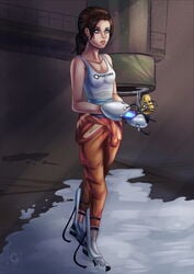 before chell clothing corruption droneification female footwear human kevoglum latex long_fall_boots mechanical_arm mechanical_legs pale_skin portal_(series) portal_gun pre-transformation robotization transformation weapon