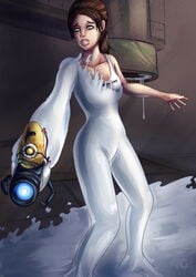 assimilation chell clothing corruption drone dronification female footwear glados goo goo_transformation human kevoglum latex long_fall_boots mid-transformation pale_skin portal_(series) portal_gun robotization transformation weapon