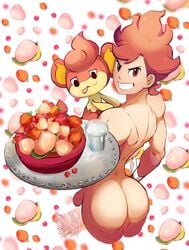 1boy ass back_muscles back_view berries chili_(pokemon) foreskin fruit_bowl glass grinning large_ass large_penis lilprincyvi looking_at_viewer looking_over_shoulder muscles nude pansear peach_(fruit) pokemon pokemon_bw red_eyes red_hair serving_platter waiter water