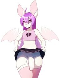 </3 1boy 2021 ahoge anthro balls bat big_ears big_penis bottomwear chiropteran clothed clothing clothing_lift curvy_figure fangs femboy foreskin fur genitals girly hair helmed_(character) hi_res huge_cock hung_trap leggings legwear male male_only mammal penis pink_eyes purple_hair simple_background sissy skirt skirt_lift smile solo solo_focus suelix trap uncut white_body white_fur wings