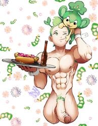 1boy abs cilan_(pokemon) foreskin green_eyes green_hair hot_dog large_penis lilprincyvi male_nipples male_only muscles nude one_eye_closed pansage pecs penis pokemon pokemon_bw serving_platter smiling waiter wine_bottle