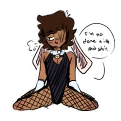 blush brown_hair bunny_boy bunny_ears bunnysuit clothed clothing fishnet_stockings fishnets looking_away male male_only noah noah_(tdi) sigh sitting text text_bubble total_drama_island