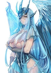 areola_slip arm_under_breasts blue_hair bow_(bhp) breasts dragon_girl dragon_wings expressionless eyeshadow glaring horns humanized large_breasts long_hair looking_at_viewer makeup monster_girl monster_hunter monster_hunter_(series) monster_hunter_world see-through velkhana wings yellow_eyes