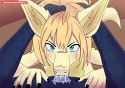 2021 angry anthro artoonu being_held blonde_hair blue_body blue_eyes blue_scales bodily_fluids cum cum_from_nose cum_in_nose cum_in_throat cum_inside deep_throat dragon duo female first_person_view forced fur furry_dragon genital_fluids genitals hair hand_on_head hands_on_thighs head_grab looking_at_viewer male male/female mascara oral oral_penetration oral_sex penetration penis pov_blowjob pushed_down running_makeup running_mascara runny_makeup scales signature simple_background sloppy tears text yellow_body yellow_fur