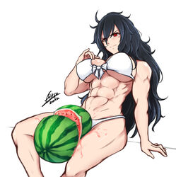 10s abs absurdres airisubaka bikini black_hair breaking_watermelon_with_thighs breasts daidouji_(senran_kagura) female food fruit highres large_breasts long_hair melon mole mole_under_eye muscular muscular_female red_eyes senran_kagura signature simple_background sitting solo swimsuit watermelon watermelon_crushing