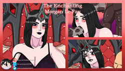 1girls 2boys arthurian_legends black_hair blowjob bra breast_sucking breasts cleavage comic cover crown cum cum_on_face dark-skinned_male dark_skin double_penetration eyeshadow faceless_male fellatio handjob head_out_of_frame interracial large_breasts light-skinned_male lipstick morgan_le_fay_(smite) muscles muscular muscular_male naked nude out_of_frame penis precum purple_eyes saliva smite spitroast sweat tan-skinned_male theobscureone threesome throne witch