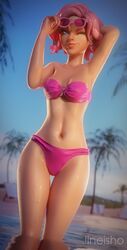 3d armpits beach bikini bikini_bottom bikini_top blue_eyes clothed clothed_female detailed_background eyewear_on_head female female_only jineisho looking_at_viewer maeve_(paladins) paladins portrait solo solo_female sunglasses sunglasses_on_head three-quarter_portrait watermark wet wet_skin wink winking_at_viewer