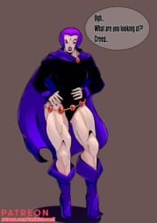 1girls cape daniel_showell dc dc_comics female female_only muscle muscles muscular muscular_female rachel_roth raven_(dc) solo teen_titans text text_bubble