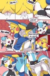 absurd_res ahe_gao anthro anus bed belle_(petokikka) black_nose blue_body blue_eyes blue_fur bodily_fluids clothed clothed_sex clothing comic cosplay_pikachu dialogue dipstick_ears dipstick_tail duo english_text female female/female female_on_bottom female_on_top fuf fur furniture genital_fluids genitals hi_res kissing looking_pleasured maid_uniform multicolored_ears multicolored_tail nintendo on_bottom on_top pachirisu pikachu pikachu_belle pillow pokémon_(species) pokemon pussy pussy_in_pussy pussy_juice saliva saliva_string sex text the_maid_(petokikka) tribadism uniform vaginal_penetration video_games yellow_body yellow_fur yuri