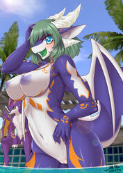 2021 5_fingers aluka_(dragoon86) anthro anthro_focus areola big_breasts blue_eyes blush breasts claws cleft_of_venus cloud day detailed_background dragon duo fangs female female_focus finger_claws fingers genitals green_hair green_tongue hair hi_res horn kemono lens_flare looking_at_viewer male multicolored_body navel nipples nude outside palm_tree partially_submerged peach_pussy plant portrait purple_body pussy reptile scalie short_hair signature sky solo_focus swimming_pool three-quarter_portrait tongue tree water western_dragon wet wet_body white_body wings wolflong yellow_body