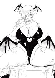 1girls :d animal_print bat_print bat_wings blush breasts cleavage clothing cosplay darkstalkers demon_girl doujinshi female female_focus finger_to_mouth hair_over_one_eye heart_cutout huge_breasts inviting japanese_language large_breasts mario_(series) milf momochrome morrigan_aensland_(cosplay) ninnindo nintendo pantyhose princess_rosalina smile solo spread_legs succubus tonsuke wings