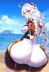 1girls ai_generated beach blue_eyes bodysuit braid braided_hair braided_twintails child_bearing_hips fat_ass female female_focus female_only floox honkai_(series) honkai_impact_3rd huge_ass kiana_kaslana kiana_kaslana_(white_comet) light-skinned_female light_skin long_hair looking_at_viewer looking_back massive_ass open_back smile smiling smiling_at_viewer squint squinted_eyes tagme tease teasing teasing_viewer teasing_with_butt thick_ass thick_thighs white_hair wide_hips