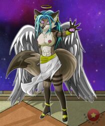 abs absurd_res alyk_(zardoseus) angel anthro appropriate beads big_breasts black_body black_fur blue_hair breasts canid canine canis chains claws clothed clothing digital_drawing_(artwork) digital_media_(artwork) dragon_ball dragon_ball_super dragon_ball_z ear_piercing english_text eyelashes feathered_wings feathers feet female fingers fluffy fluffy_chest fluffy_tail footwear fox fur genitals gold_(metal) gold_jewelry hair halo hi_res high_heels huge_breasts jewelry mammal nipple_chain nipple_piercing nipples nude pawpads paws piercing piercings_everywhere portrait purple_eyes pussy shoes simple_background smile solo text thick_thighs toes urocyon video_games white_body white_fur wings zardoseus