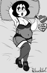 1girls 2023 armpit bed belly big_belly big_breasts black_and_white black_dress black_hair blush blush breasts chocolate chocolate_heart chocolates chubby chubby_female cleavage comedy_central dakimakura drawn_together high_heels huge_breasts large_breasts lingerie nightgown pillow professordoctorc sideboob smile smiling smirk solo_focus stockings thick_thighs thighhighs toot_braunstein wide_hips