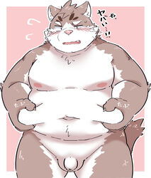 2021 anthro belly blush domestic_cat felid feline felis flaccid furry genitals highres humanoid_genitalia humanoid_penis japanese_text kemono male mammal moobs navel nipples overweight overweight_male penis ptcmtr sitri solo testicles text tokyo_afterschool_summoners