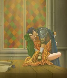 1boy 1girls blue_hair candle cape closed_eyes dress elincia_ridell_crimea feather female fingerless_gloves fire_emblem fire_emblem:_path_of_radiance fire_emblem:_radiant_dawn gloves green_hair headband ike_(fire_emblem) implied_sex indoors kissing leg_lock long_hair male nataly nintendo open_mouth short_hair