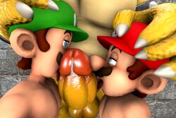 3boys 3d bowser gay hand_on_head indoors interspecies licking licking_penis luigi male male/male male_only mario mario_(series) multiple_boys naked nintendo nude precum sfm source_filmmaker supaphreak toony yaoi