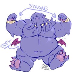 2021 anthro belly blush closed_eyes cthulhu cthulhu_mythos h.p._lovecraft hi_res humanoid_hands male male_only megawaffle_(artist) moobs navel overweight overweight_male simple_background sitting solo white_background wings