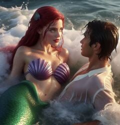 ai_generated ariel ariel_(the_little_mermaid) disney disney_princess green_tail long_hair mermaid red_hair seashell_bra the_little_mermaid