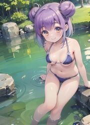 ai_generated anime bikini blush blush classroom_of_the_elite day daytime hair_bun hair_buns looking_at_viewer looking_back medium_breasts multicolored_eyes orange_eyes outside posing purple_eyes purple_hair revealing_clothes revealing_swimsuit sitting sitting_in_water smiling smiling_at_viewer stable_diffusion swimsuit tachibana_akane_(cote) thighs underboob youkoso_jitsuryoku_shijou_shugi_no_kyoushitsu_e