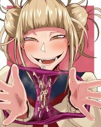 1girls blonde_hair boku_no_hero_academia cum_in_panties dirty_face dirty_panties facing_viewer himiko_toga holding_panties looking_at_viewer my_hero_academia panties pov purple_panties pussy_juice school_uniform solo toga_himiko unworn_panties weird yellow_eyes