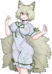 animal_ears breasts cosplay fe_(tetsu) female fox_ears fox_tail green_eyes green_ribbons highres kudamaki_tsukasa kudamaki_tsukasa_(cosplay) lactation lactation_through_clothes large_breasts multiple_tails nipples no_headwear ran_yakumo ribbon see-through short_hair solo tail tails touhou wet wet_clothes white_background yakumo_ran