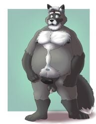 2020 anthro balls belly black_body black_fur black_nose bravo canid canine erection facial_hair fox fur genitals hi_res humanoid_hands male mammal mature_male moobs moustache nipples overweight overweight_male penis simple_background solo white_body white_fur