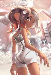 1girls agent_8_(side_order) agent_8_(splatoon) ass building closed_mouth clothed clothing female female_only from_behind iria_splash lips looking_at_viewer looking_back nintendo octoling octoling_girl outside plant solo splatoon splatoon_(series) splatoon_3 splatoon_3:_side_order tagme tan-skinned_female tan_skin tentacle_hair thighs white_clothing zipper