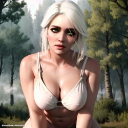 ai_generated breasts ciri dominmatrix female female_only green_eyes light-skinned_female mascara nipples_visible_through_clothing outdoors solo the_witcher_(series) the_witcher_3:_wild_hunt underwear waif white_hair