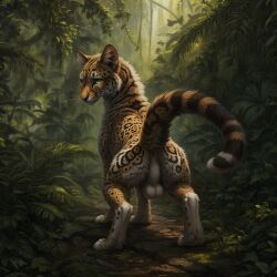 absurd_res ai_generated all_fours anus ass balls blp felid feline feral forest fur genitals hi_res leopardus male mammal multicolored_body multicolored_fur ocelot pink_anus plant presenting presenting_hindquarters raised_tail spots spotted_body spotted_fur tree