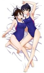 2girls alternate_version_available artist_request big_breasts black_hair boku_no_kokoro_no_yabai_yatsu breasts brown_hair chubby chubby_female dark_blue_hair female_only hara_honoka large_breasts long_hair megami_magazine mole multiple_girls nipples official_art one_piece_swimsuit pussy short_hair swimsuit swimwear tagme thin_female thin_waist yamada_anna