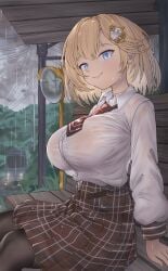 1female 1girl 1girls 2d big_breasts black_legwear blonde_hair blue_eyes breasts button_down_shirt buttons clothed_female female fully_clothed hair_ornament hi_res highres hololive hololive_english hololive_myth honkivampy huge_breasts large_breasts looking_at_viewer outdoors outside rain red_tie see-through_clothing short_hair sitting smiling smiling_at_viewer sole_female solo solo_female tie train virtual_youtuber voluptuous_female vtuber watson_amelia wet wet_body wet_clothes wet_hair wet_skin white_shirt yellow_hair