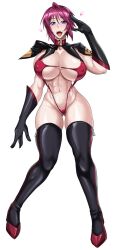 big_breasts bikini bikini_bottom bikini_top black_gloves black_legwear blue_eyelashes blue_eyes blush bodysuit crimsom_hair erect_nipples erect_nipples_under_bikini erect_nipples_under_clothes female female_only gundam_seed_destiny happy hearts_around_head high_heels huge_breasts jet_puri looking_at_viewer lunamaria_hawke muscular muscular_female neckwear red_high_heels red_shoes sharp_eyelashes simple_background smile smiling_at_viewer thick_breasts thick_legs thick_thighs white_background white_body white_skin white_skinned_female