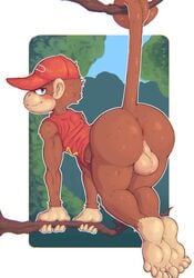 2019 5_toes anthro anus ass backsack balls barefoot baseball_cap big_butt biped blue_eyes blush bottomless brown_body brown_fur clothed clothing conditional_dnp diddy_kong digital_media_(artwork) donkey_kong_(series) feet fur gay genitals haplorhine hat headgear headwear hi_res looking_back male male_only mammal monkey nintendo perineum prehensile_tail presenting presenting_hindquarters primate rear_view shirt soles solo tan_balls toes topwear video_games zackary911