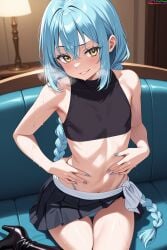 absurd_res absurdres ai_generated blue_hair blue_nails braid crop_top femboy feminine_male golden_eyes heels hi_res high_quality high_resolution highres long_braid male otoko_no_ko paid_reward_available penis penis_bulge petite petite_body rimuru_tempest seductive skirt slim_waist tensei_shitara_slime_datta_ken trap velutinx watermark yellow_eyes