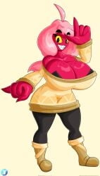 1girls 2020s 2025 2d 2d_(artwork) 4_fingers big_breasts big_thighs bikini boots breasts child_bearing_hips cleavage clothing curvy curvy_body curvy_female curvy_figure eyebrows eyelashes female female_focus female_only freckles hi_res highres hips hourglass_figure kyoob_(thegentlebro) large_breasts long_hair looking_at_viewer no_nose original original_character pink_hair red_skin sharp_teeth simple_background slim_waist smile smiling_at_viewer solo solo_female thick_thighs vanillabeangoat wave wide_hips yellow_eyes yellow_jacket