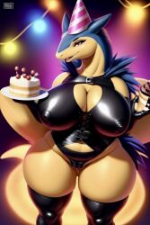 ai_generated anthro big_breasts cake cameltoe female female_only frosting.ai goth holding_object leather nintendo nipple_bulge party_hat pokemon pokemon_(species) self_upload string_lights thick_thighs typhlosion weedvee420