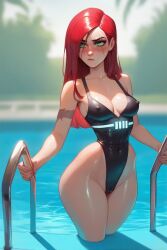 2024 ai_generated atomdildo black_swimsuit blush cameltoe cleavage erect_nipples female female_focus female_only green_eyes katarina_du_couteau league_of_legends long_hair medium_breasts pale_skin pool pouting red_hair riot_games scar scar_across_eye self_upload shiny_skin simple_background small_waist solo stable_diffusion swimming_pool thick_thighs water wet_hair wide_hips