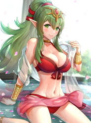 1girls 2021 absurdres alternate_costume arm_support bangs bare_shoulders bikini blush bracelet breasts cleavage closed_mouth collarbone commentary female fire_emblem fire_emblem_awakening fire_emblem_heroes gonzarez green_eyes green_hair highres jewelry large_breasts lips long_hair looking_at_viewer medium_breasts nintendo partially_submerged petals pointy_ears ponytail red_bikini red_swimsuit sarong shiny shiny_hair shiny_skin simple_background sitting smile solo swimsuit tiara tied_hair tiki_(adult)_(fire_emblem) tiki_(adult)_(summer)_(fire_emblem) tiki_(fire_emblem) wariza water water_drop wet white_skin