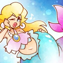 1girls beads big_breasts blonde_hair blue_eyes dick_sucking_lips earrings female feminine fish_tail hair large_breasts legendofnerd looking_at_viewer mario_(series) mermaid mermaid_peach navel necklace nintendo princess_peach princess_peach:_showtime! solo underwater wink