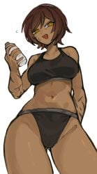 after_workout belly_button bottle brown_hair dark-skinned_female dark_skin female female_focus hi_res limbus_company open_mouth orange_eyes outis_(limbus_company) png project_moon scars_on_arm shigezie short_hair solo_female transparent_background transparent_png underwear upper_body upscaled white_background workout_clothes