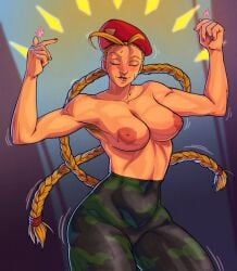 armpit_hair armpits beret blonde_hair blush braided_hair breasts cammy_white closed_eyes dancing female female_only gorgoden_weiner leggings small_breasts street_fighter topless