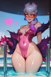 2024 ai_generated atomdildo blue_sky blush claws cleavage demon erect_nipples evelynn female female_focus female_only floating_hearts glowing_eyes league_of_legends licking_lips medium_breasts oiled_skin pink_swimsuit pool riot_games self_upload shiny_skin small_waist solo stable_diffusion standing succubus swimming_pool thick_thighs water white_hair wide_hips yellow_eyes