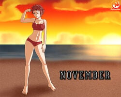 1girls ;) alternate_costume barefoot beach bikini breasts female female_only fire_emblem fire_emblem_awakening flexing navel nintendo ocean one_eye_closed red_bikini red_hair red_swimsuit reit sand short_hair sky solo sports_bikini sully_(fire_emblem) sunset swimsuit water wink