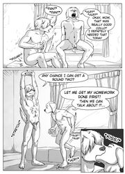 2021 absurd_res after_anal after_sex anthro anthro_on_anthro balls beastars bird_dog bodily_fluids breath canid canine canis closed_eyes collot_(beastars) comic cum cum_in_ass cum_inside cum_on_chest cum_on_partner dialogue domestic_dog duo english_text ffog flaccid foreskin genital_fluids genitals greyscale herding_dog hi_res humanoid_genitalia humanoid_penis hunting_dog inside jack_(beastars) kissing labrador male male/male mammal monochrome multiple_scenes navel nude old_english_sheepdog onomatopoeia open_mouth panting pastoral_dog penis pubes retriever sheepdog sitting sound_effects standing stretching text uncut window